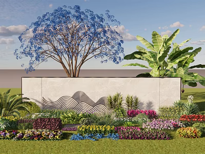 Landscape Wall With Wavy Pattern Blue Tree Banana Leaves And Colorful Flowers 3d model