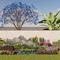 Landscape Wall With Wavy Pattern Blue Tree Banana Leaves And Colorful Flowers