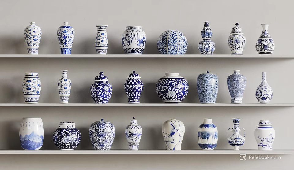 Blue and White Ceramic Vessels Displayed on Shelves with Various Intricate Patterns 3d model 