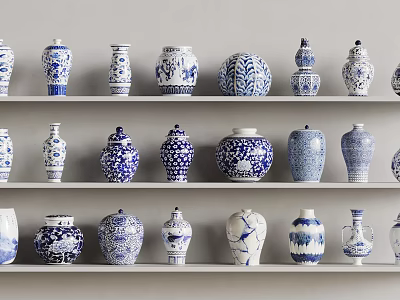Blue and White Ceramic Vessels Displayed on Shelves with Various Intricate Patterns 3d model