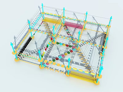 Colorful Geometric 3D Model Structure With Blue Yellow Red Elements And Grid Framework 3d model