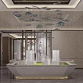 Modern Sales Office Interior Design With Chandelier Central Display Table And Marble Flooring