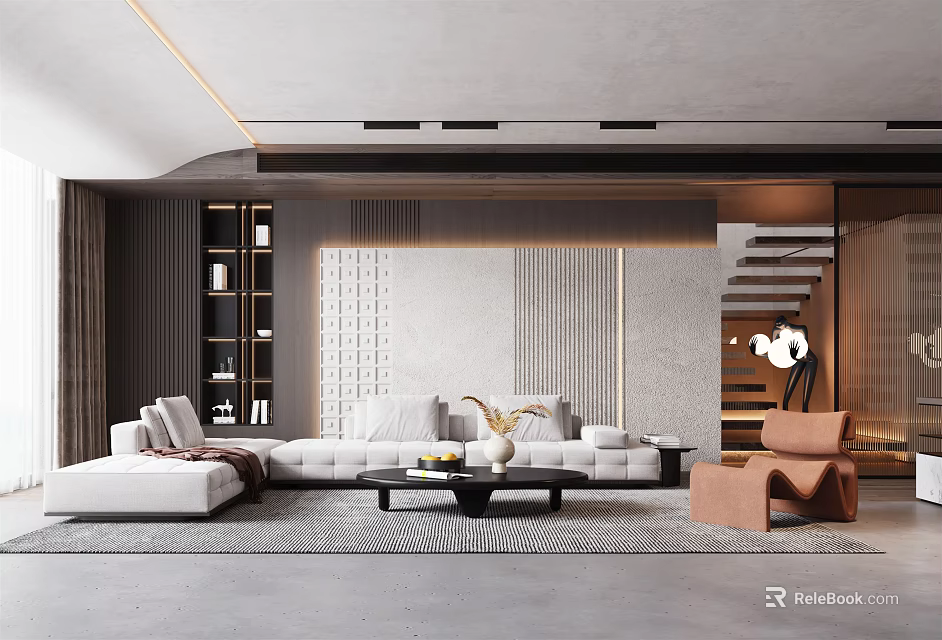 Modern Living Room Interior With White Sofa Coffee Table And Accent Chair Rug 3d model 