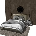 Background Double Bed With Wooden Wall Round Mirror Upholstered Headboard And Area Rug
