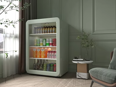 Light Green Glass Door Refrigerator Stocked with Various Drinks in Modern Room Setting with Plant 3d model