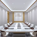 Modern Conference Room Interior With Long Table White Chairs Large Screen And China Telecom Logo