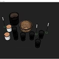 Everyday Household Essentials With Stacked Wooden Bowls Wicker Basket Glass Cups And Candle Holders