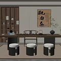 Traditional Tea Room Interior With Calligraphy Painting Wooden Table Storage Shelves And Stools