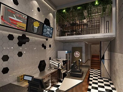 Modern Restaurant Interior With Hexagonal Tile Wall Decorative Paintings Checkered Floor Bar Counter Coffee Machines 3d model