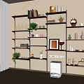 Stylish Modern Living Room Interior With Multi Tiered Wall Shelves And Decorative Books Plants Vases