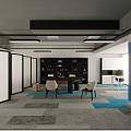 Modern Office Interior Design With Meeting Table Chairs Bookshelf Sofa And Patterned Carpet