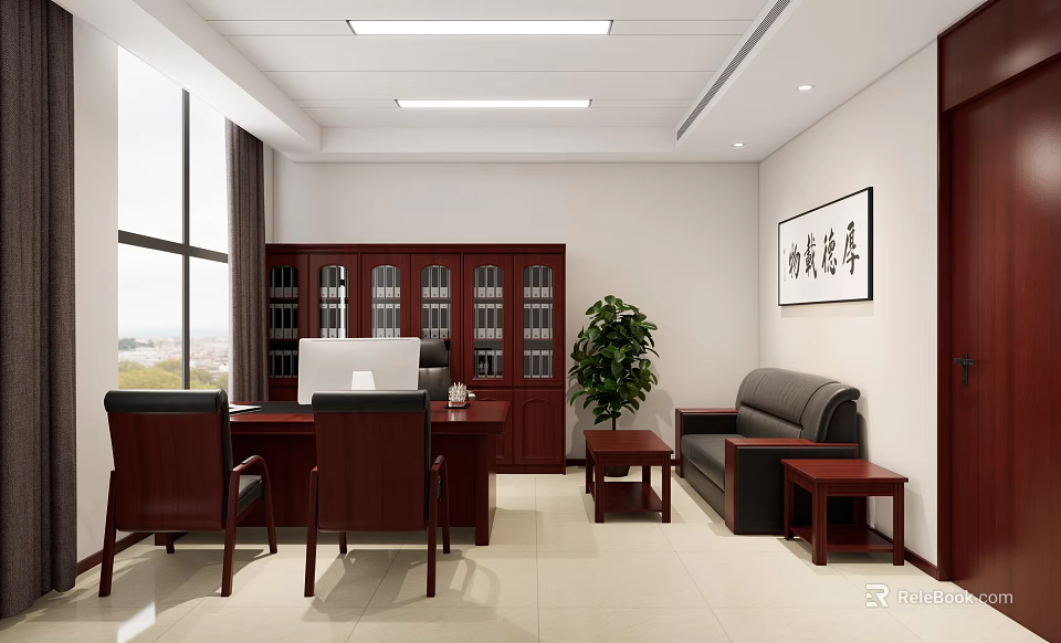 Modern Office Interior Design With Wooden Desk Bookcase Sofa And Potted Plant 3d model 