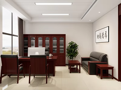Modern Office Interior Design With Wooden Desk Bookcase Sofa And Potted Plant 3d model