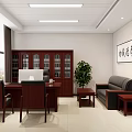 Modern Office Interior Design With Wooden Desk Bookcase Sofa And Potted Plant