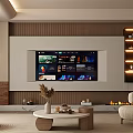 Modern Living Room TV Wall With Wooden Panel Floating Shelves Lighting And Decor Items