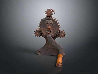 Vintage Rusted Metal Mechanical Device Featuring Spur Gears Wooden Handle And Metal Stand 3d model