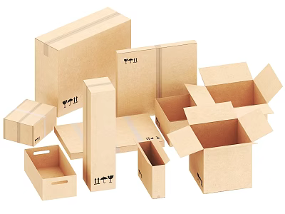 Kraft Cardboard Boxes In Various Sizes And Shapes Open And Closed For Packaging 3d model