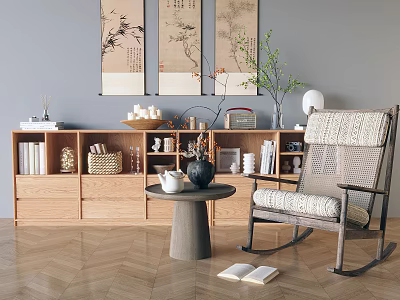 Cozy Rocking Chair In Living Room With Round Table Teapot Books And Wooden Floor 3d model