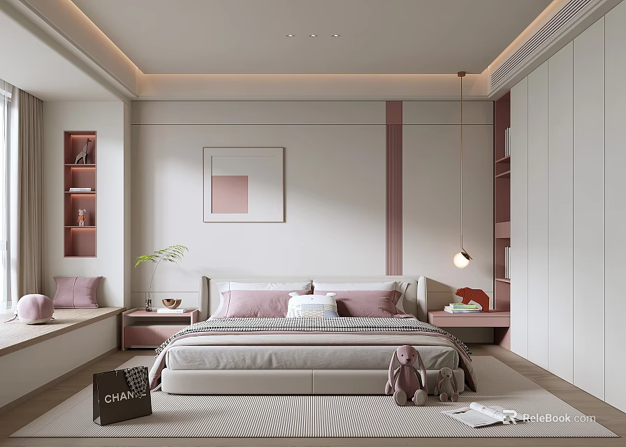 Modern Bedroom Interior Design With Bed Decorative Painting Wardrobe And Soft Pillows 3d model 