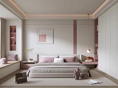 Modern Bedroom Interior Design With Bed Decorative Painting Wardrobe And Soft Pillows 3d model
