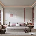 Modern Bedroom Interior Design With Bed Decorative Painting Wardrobe And Soft Pillows