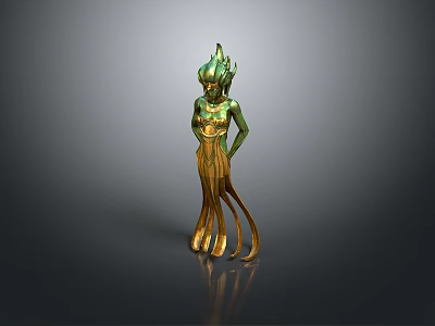 Unique Green And Gold Woman Statue With Flame Like Headpiece And Flowing Skirt 3d model