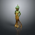 Unique Green And Gold Woman Statue With Flame Like Headpiece And Flowing Skirt
