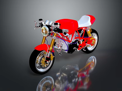 Red Motorcycle With White Seat Gold Wheels And Gray Background Reflection 3d model