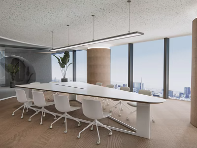 Modern Conference Room With Long Table White Chairs Pendant Lights Large Windows And City View 3d model