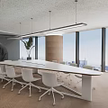Modern Conference Room With Long Table White Chairs Pendant Lights Large Windows And City View