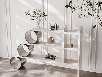 Modern White Storage Shelf With Open Tiers Decorative Items And Green Plants 3d model