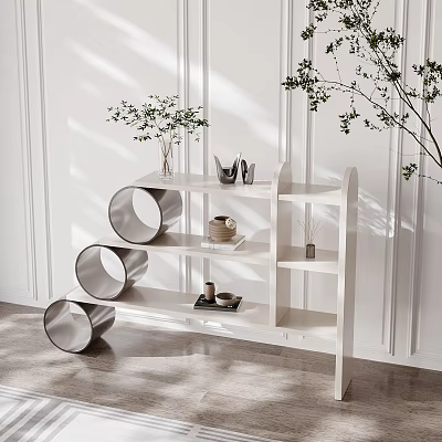 Modern White Storage Shelf With Open Tiers Decorative Items And Green Plants 3d model