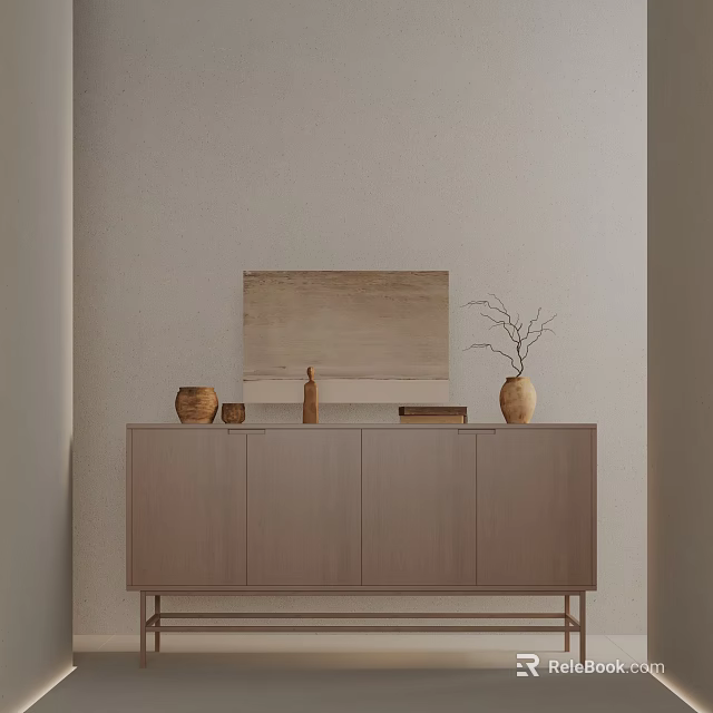 Light Brown Wooden Console Cabinet with Decorative Vase Branches and Wall Art Decor 3d model 
