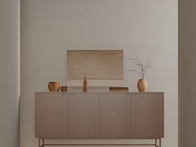 Light Brown Wooden Console Cabinet with Decorative Vase Branches and Wall Art Decor 3d model
