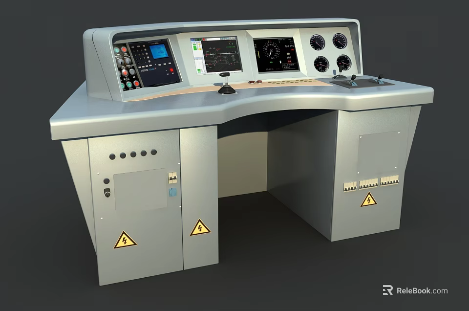 Industrial Control Console With Multiple Screens Control Buttons And Cabinets 3d model 