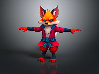 3D Game Movie Fox Character In Red Blue Kimono Style Outfit With Alert Expression 3d model