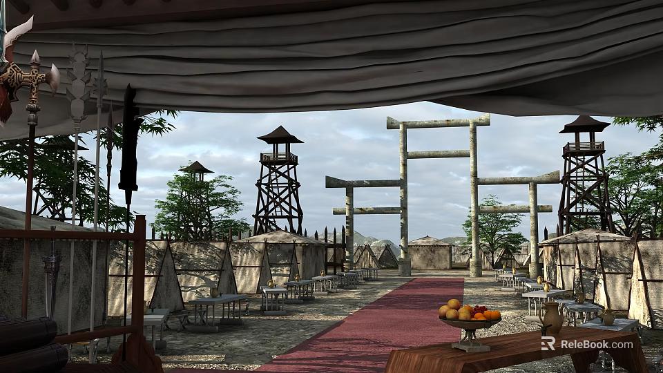 Traditional Stone Torii Gates With Red Carpet Tower Like Structures And Fruit Platter 3d model 