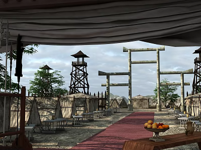 Traditional Stone Torii Gates With Red Carpet Tower Like Structures And Fruit Platter 3d model