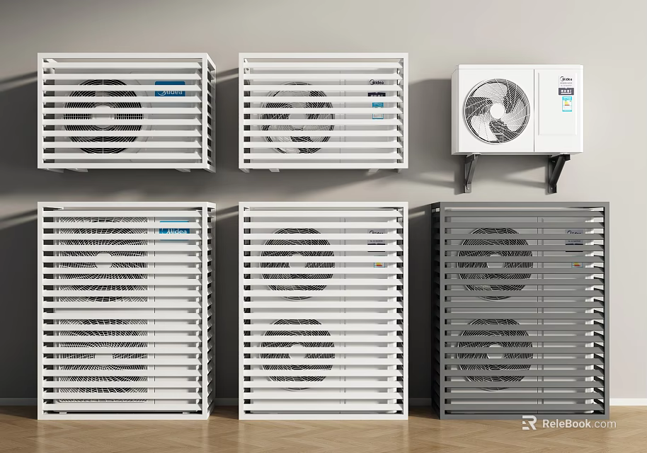 Multiple Air Conditioner Fans in Upper Lower Rows White Gray Wall Mounted Modern Grille Design 3d model