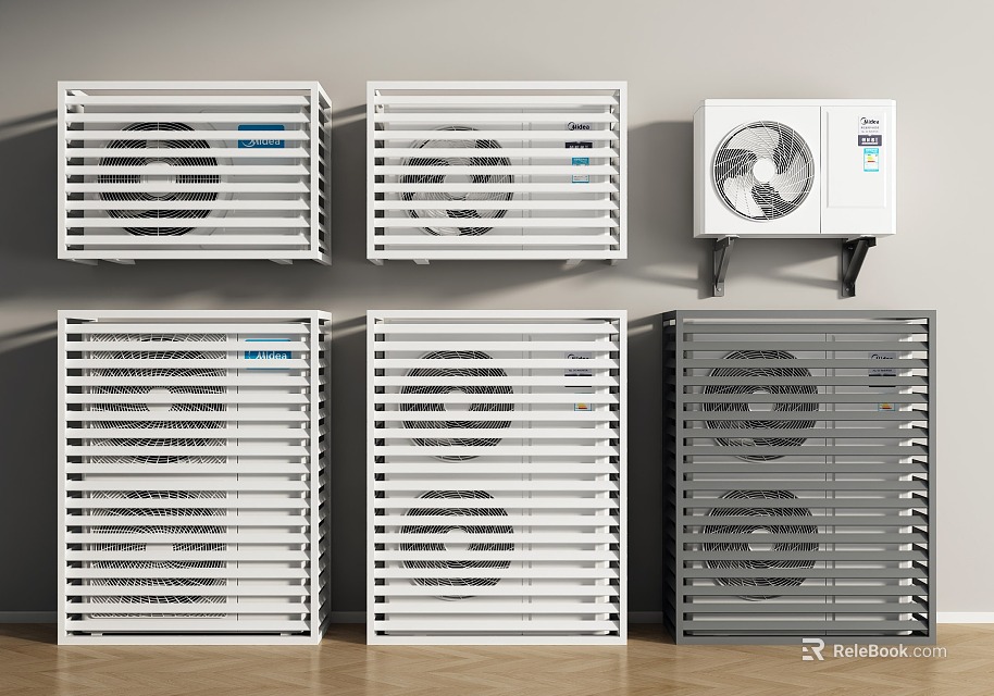Multiple Air Conditioner Fans in Upper Lower Rows White Gray Wall Mounted Modern Grille Design 3d model 
