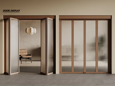 Modern Interior Space Featuring Wooden Framed Folding Doors With Glass Panels Open And Closed 3d model