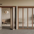 Modern Interior Space Featuring Wooden Framed Folding Doors With Glass Panels Open And Closed