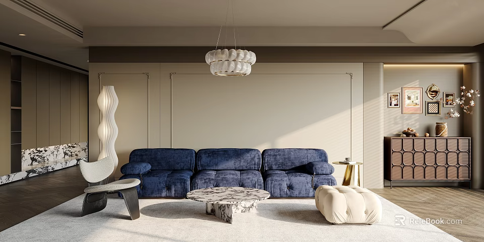 Modern Living Room Interior Design With Navy Blue Sofa Marble Coffee Table And Chandelier 3d model 