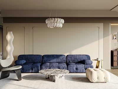 Modern Living Room Interior Design With Navy Blue Sofa Marble Coffee Table And Chandelier 3d model