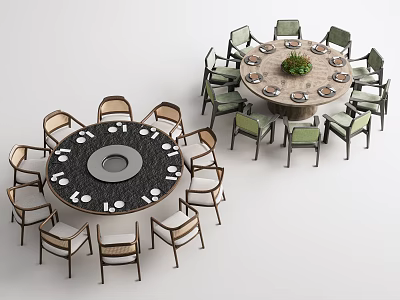 Modern Round Dining Table Set With Wooden Top And Multiple Chairs 3d model