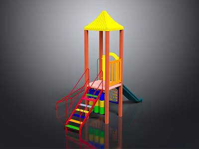 Children's Playground Structure With Yellow Canopy Red Stairs Colorful Climbing Blocks And Green Slide 3d model