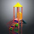 Children's Playground Structure With Yellow Canopy Red Stairs Colorful Climbing Blocks And Green Slide