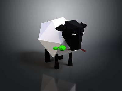 Low Poly Black and White Sheep Figure With Green Leaf and Red Plant 3d model