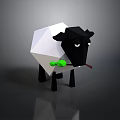 Low Poly Black and White Sheep Figure With Green Leaf and Red Plant
