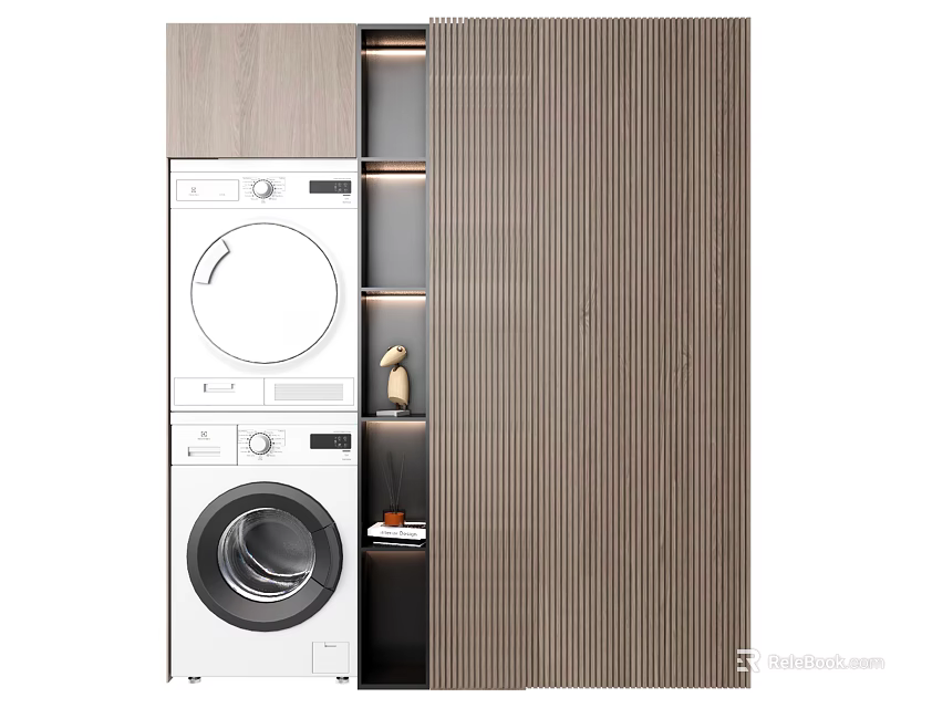 Modern Wooden Bathroom Cabinet Rack With Stacked Washing Machine Dryer Storage 3d model 
